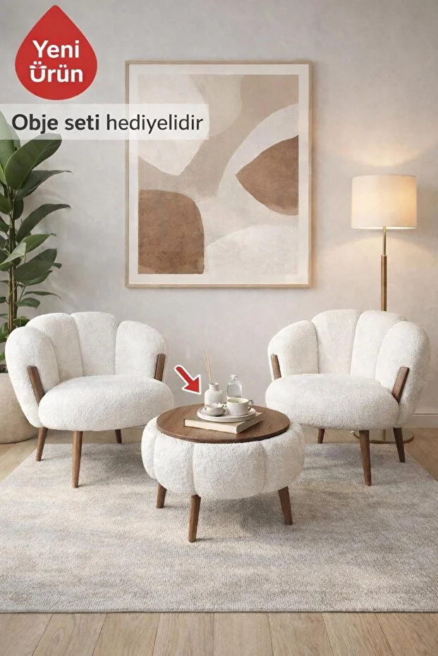 STAR CEVİZ Kırık Beyaz 2 Adet Papatya Berjer + 1 Adet Sehpa (5 PARÇA DEKORASYON SETİ HEDİYELİ)